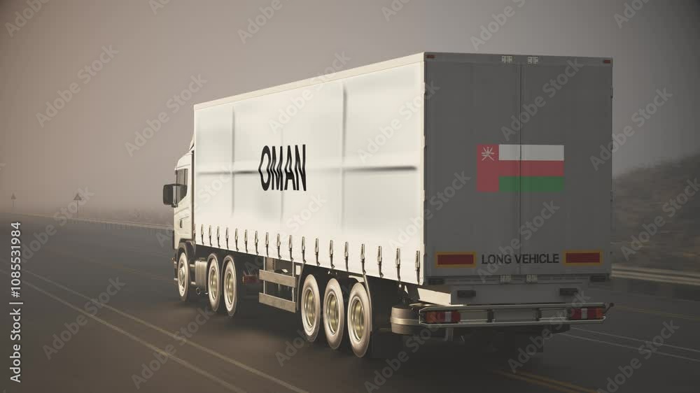 Logistics and Transportation Truck Lorry with Flag and Text on Trailer Oman Logistics and Transportation Truck Lorry with Flag and Text on Trailer Oman