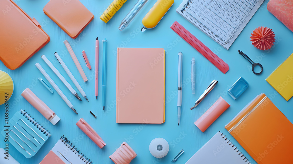 Creative workspace essentials desk flat lay organized environment top view productivity tools for enhanced focus Creative workspace essentials desk flat lay organized environment top view productivity tools for enhanced focus