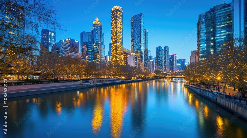 Fototapeta premium Majestic Cityscape at Dusk with Illuminated Skyscrapers Reflecting on Calm River Surface and Lush Trees Lining the Waterfront in Urban Environment