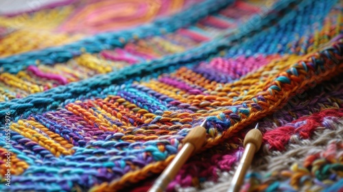 Colorful Knitting Project for Home Decor with Yarn and Needles