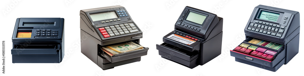 Cash Register – A Machine Used for Processing Sales Transactions, Including a Drawer for Cash and Receipts Isolated on Clear White Background Highly Detailed Cash Register – A Machine Used for Processing Sales Transactions, Including a Drawer for Cash and Receipts Isolated on Clear White Background Highly Detailed