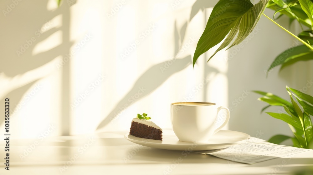 Cozy Morning Scene with Coffee, Cake, and Newspaper in Sunlit Kitchen Surrounded by Houseplants Cozy Morning Scene with Coffee, Cake, and Newspaper in Sunlit Kitchen Surrounded by Houseplants