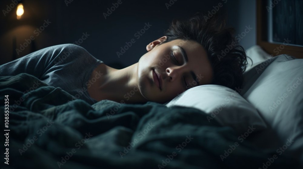Person lying peacefully in bed under cozy blanket, eyes closed, with serene expression, promoting tranquility and good sleeping habits. Person lying peacefully in bed under cozy blanket, eyes closed, with serene expression, promoting tranquility and good sleeping habits.