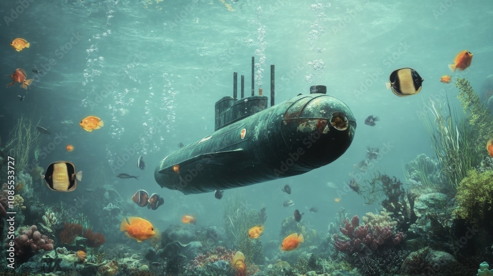 Fototapeta premium Serene Underwater Landscape Featuring a Submarine Surrounded by Colorful Fish and Vibrant Coral Reefs, Capturing the Depths of Ocean Life and Technology in Harmony