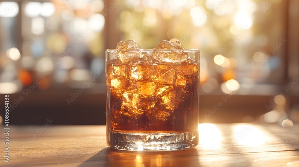 Refreshing cola in glass with crystal clear ice cubes, captured in golden sunlight with condensation droplets and amber liquid creating premium beverage presentation. Refreshing cola in glass with crystal clear ice cubes, captured in golden sunlight with condensation droplets and amber liquid creating premium beverage presentation.