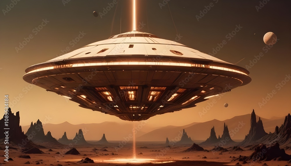 A mysterious futuristic spacecraft hovers above a distant alien planet its glowing energy core puls A mysterious futuristic spacecraft hovers above a distant alien planet its glowing energy core puls