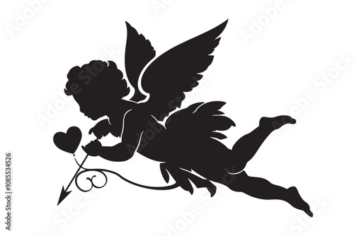 Silhouette of Cupid: A classic black and white silhouette of Cupid, the Roman god of desire, playfully holding an arrow and heart. Perfect for Valentine's Day, love-themed projects.