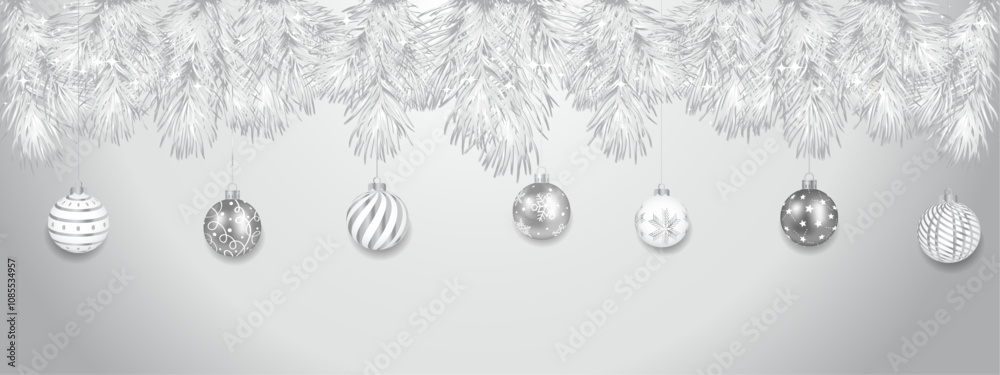Fototapeta premium fir branches and festive balloons with a silver gradient on a white background