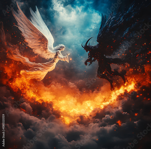 
A battle between an angel and the devil, the background depicts heaven on one side and hell on the other