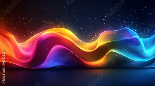 Abstract background with colorful liquid shapes wave with glowing particles