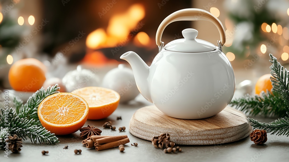 A cozy winter scene featuring a white teapot with orange slices, pine branches, and warm lights in the background. A cozy winter scene featuring a white teapot with orange slices, pine branches, and warm lights in the background.