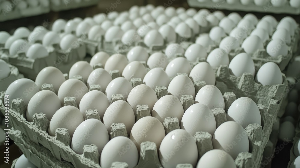 Obraz premium Eggs packed in neat rows inside a carton, with stacks of similar cartons arranged for wholesale.