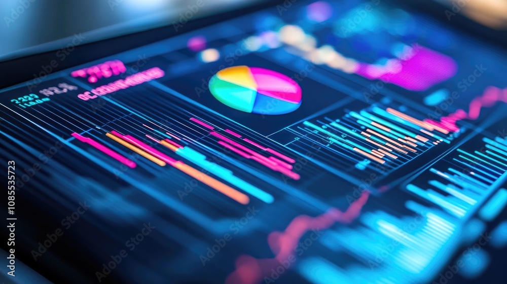 Colorful Data Visualization on Digital Screen Representing Financial Trends and Analytics with Charts and Graphs for Business Analysis Colorful Data Visualization on Digital Screen Representing Financial Trends and Analytics with Charts and Graphs for Business Analysis