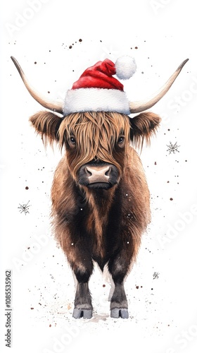 A charming highland cow dons a festive Santa hat, showcasing detailed fur and a unique expression in a playful winter setting photo