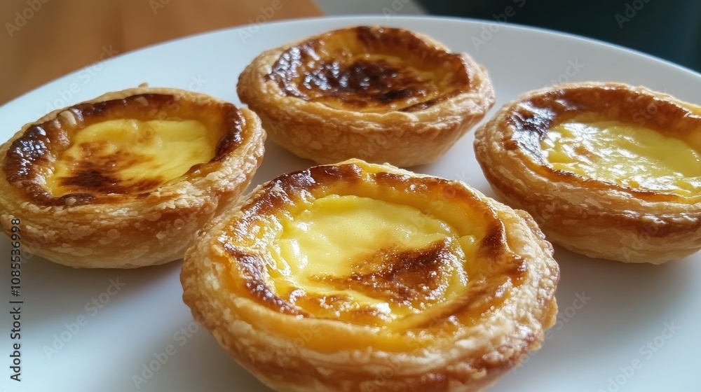 Egg custard tarts arranged on a white plate, their smooth tops and flaky crusts catching the light perfectly. Egg custard tarts arranged on a white plate, their smooth tops and flaky crusts catching the light perfectly.