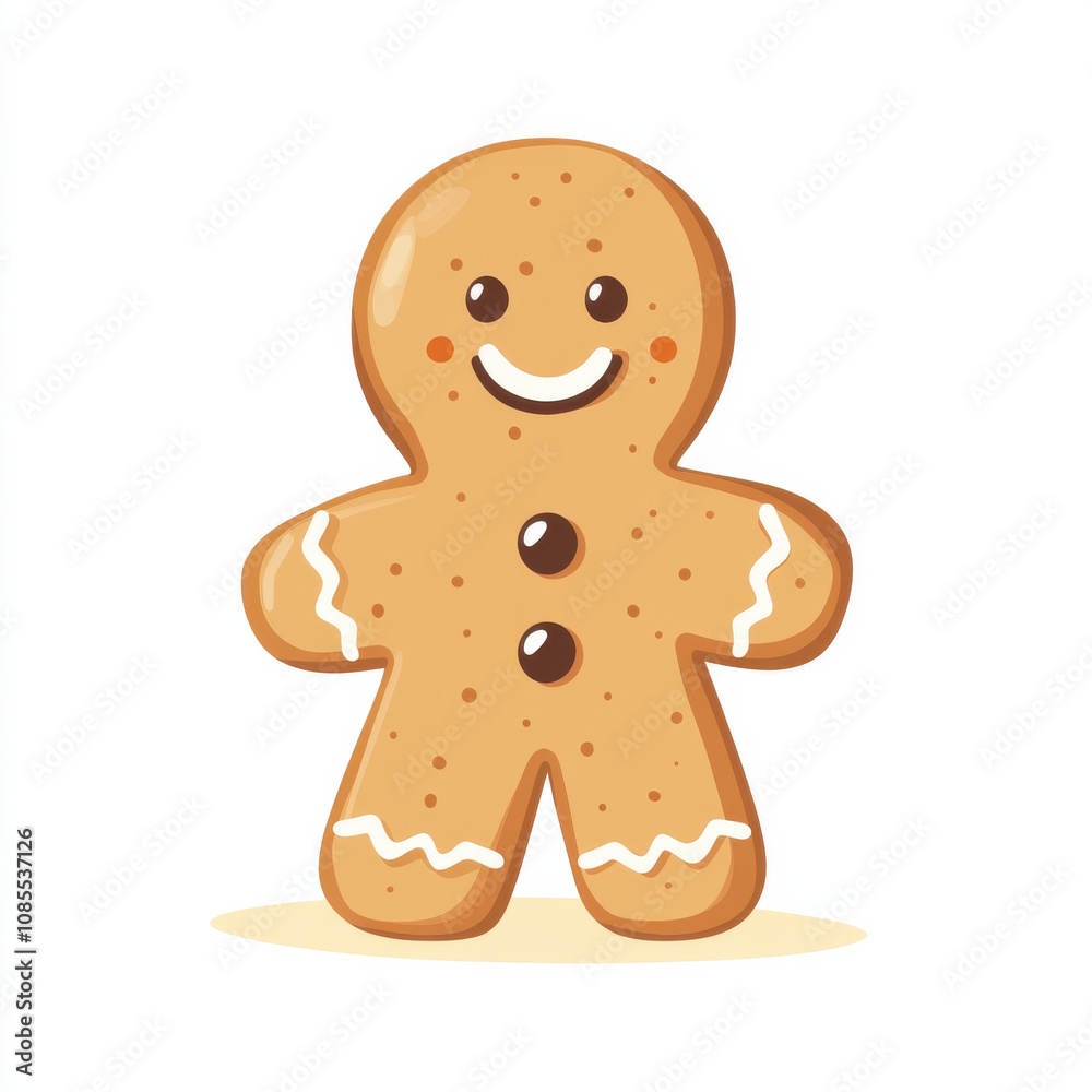 Obraz premium Gingerbread cookie character with cheerful smile, featuring icing and chocolate buttons, perfect for festive themes and holiday decorations