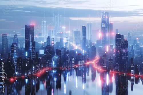Skyline reveals futuristic city with towering buildings reflecting on calm water below as dusk settles, creating vibrant dynamic atmosphere filled with light.