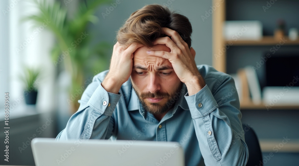 Frustrated man holding his head while working on a laptop in a home office environment Frustrated man holding his head while working on a laptop in a home office environment