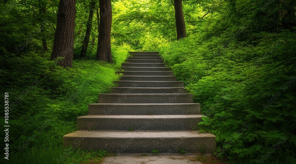 stone steps in the green forest, with lush trees and thick grass growing on both sides stone steps in the green forest, with lush trees and thick grass growing on both sides