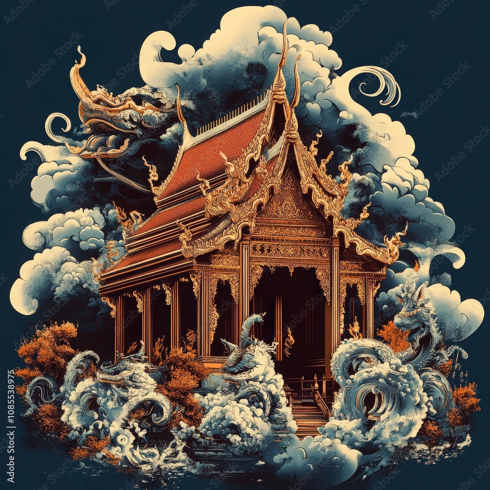 Obraz premium T-shirt design Majestic Thai Mythology Temple 