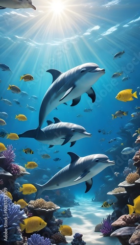 Photo a cartoon scene of a tropical sea with a dolphin and fish