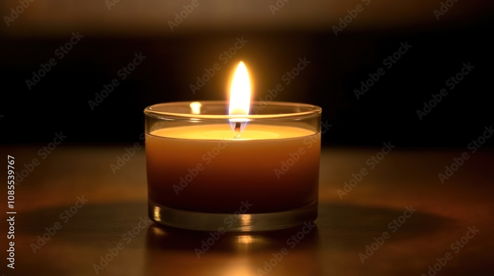 A lit candle in a glass holder, casting a warm glow in a dimly lit setting. A lit candle in a glass holder, casting a warm glow in a dimly lit setting.