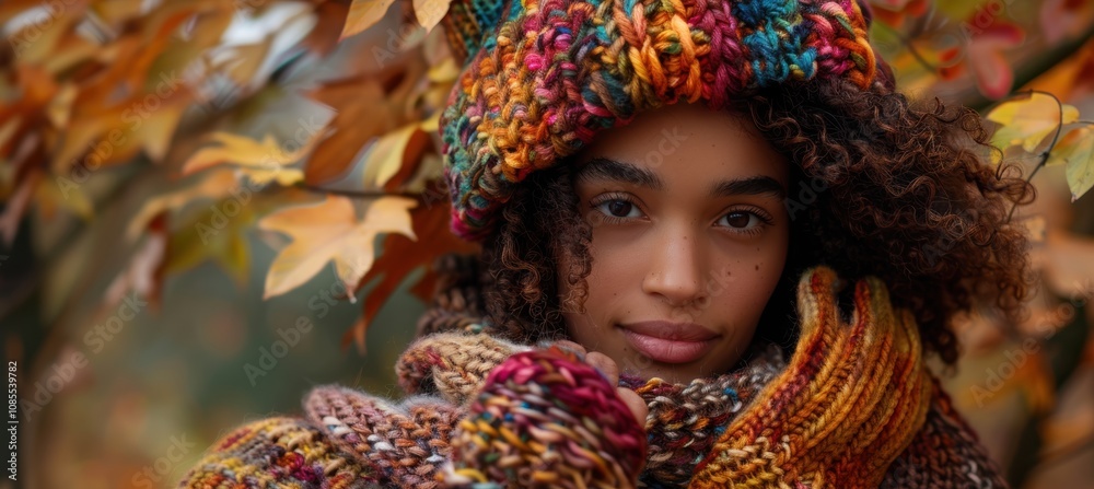Cozy Autumn Fashion with Hand-Knit Beanie and Mittens Against Fall Foliage Cozy Autumn Fashion with Hand-Knit Beanie and Mittens Against Fall Foliage