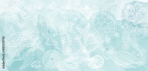 Sea animals. Art sea background. Vector. Luxury design on blue watercolor splashes. Template design for text, packaging, prints, layout decorative greeting card or invitation design background. 