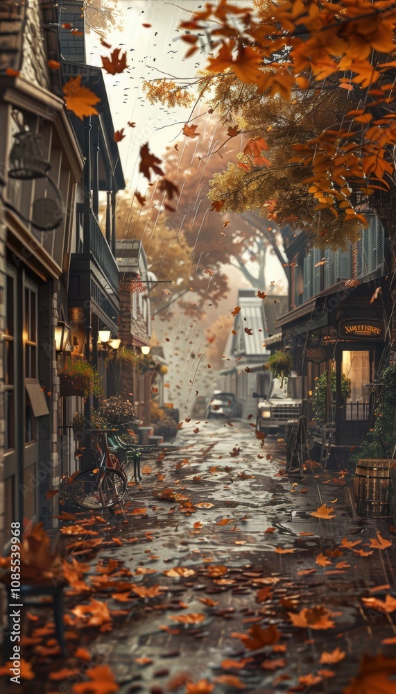 Fototapeta premium Picturesque Autumn Street with Falling Leaves and Rain for Nostalgic Wall Art and Decor