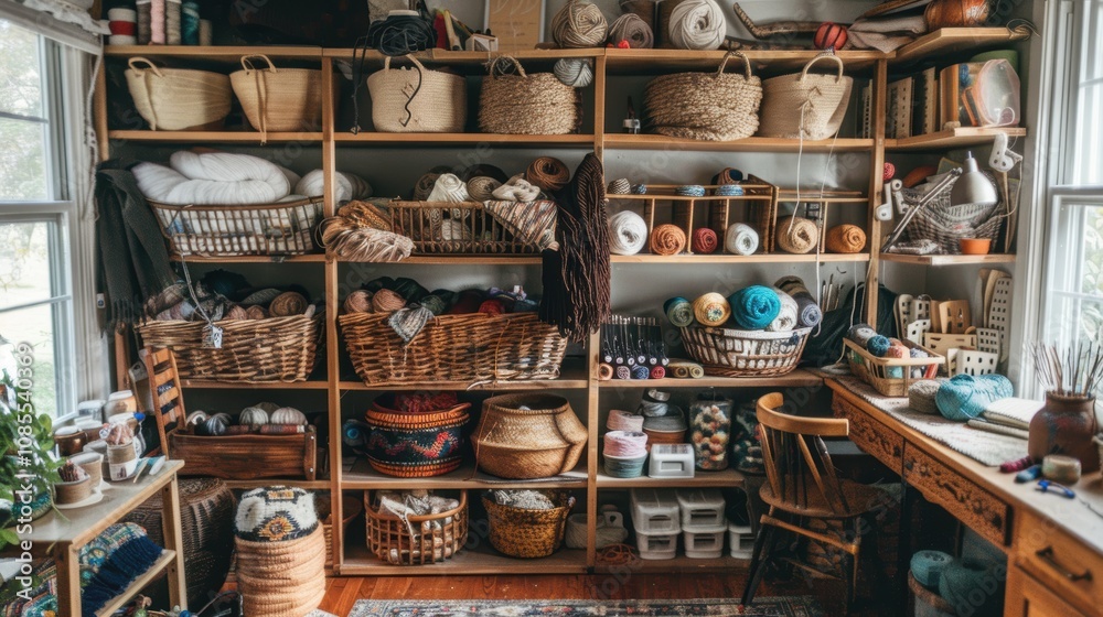 Cozy Crafting Corner with Yarn Storage in Baskets and Shelves for Easy Access Cozy Crafting Corner with Yarn Storage in Baskets and Shelves for Easy Access