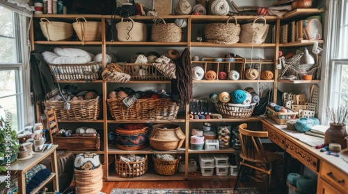 Cozy Crafting Corner with Yarn Storage in Baskets and Shelves for Easy Access photo