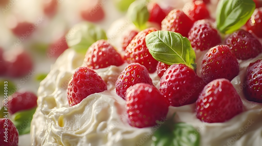 Macro shot of fresh strawberries nestled in cream cheese, showcasing ripe red berries against smooth dairy background with fresh green leaves and gourmet presentation. Macro shot of fresh strawberries nestled in cream cheese, showcasing ripe red berries against smooth dairy background with fresh green leaves and gourmet presentation.