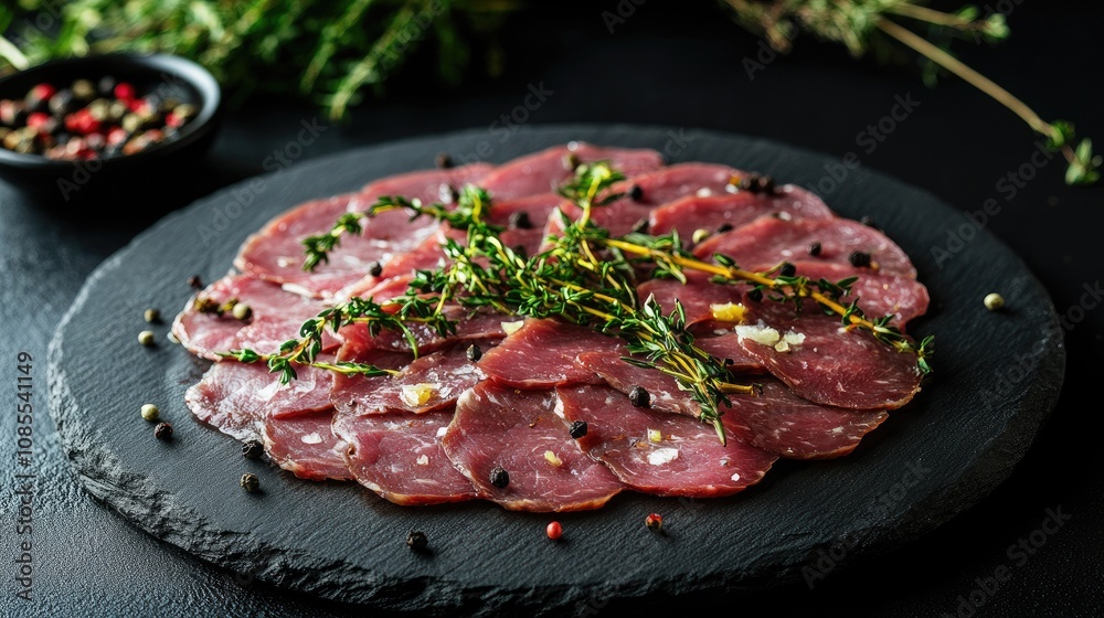 Sliced cured meat arranged elegantly on a black stone platter, garnished with fresh herbs and spices for a gourmet food presentation Sliced cured meat arranged elegantly on a black stone platter, garnished with fresh herbs and spices for a gourmet food presentation