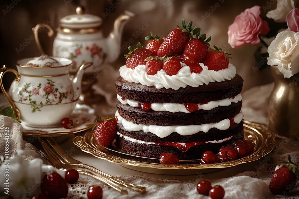 Delicious cake with fresh cherries and chocolate on the plate closeup. horizontal selective focus
Delicious cake with fresh cherries and chocolate on the plate closeup. horizontal selective focus