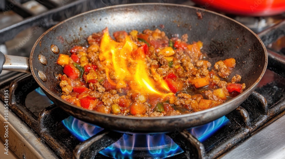 Sizzling Stir-Fry with Flames: Colorful Ingredients in a Skillet on a Gas Stove Capturing the Art of Cooking in Action with Vibrant Colors and Dynamic Movement Sizzling Stir-Fry with Flames: Colorful Ingredients in a Skillet on a Gas Stove Capturing the Art of Cooking in Action with Vibrant Colors and Dynamic Movement