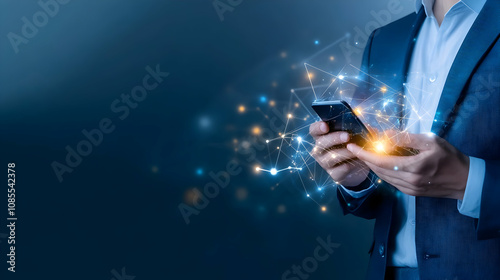 Businessman Using Mobile Phone for Digital Wallet and E-commerce Transactions - Futuristic Mobile Banking, Smart E-wallet and Online Financial Services Concept, Financial Technology and Economy. photo