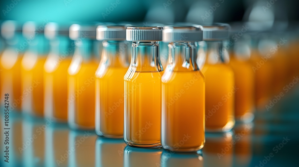 Laboratory setting with glass bottles of orange juice arranged as scientific samples against turquoise background, featuring clean minimalist composition and selective focus. Laboratory setting with glass bottles of orange juice arranged as scientific samples against turquoise background, featuring clean minimalist composition and selective focus.