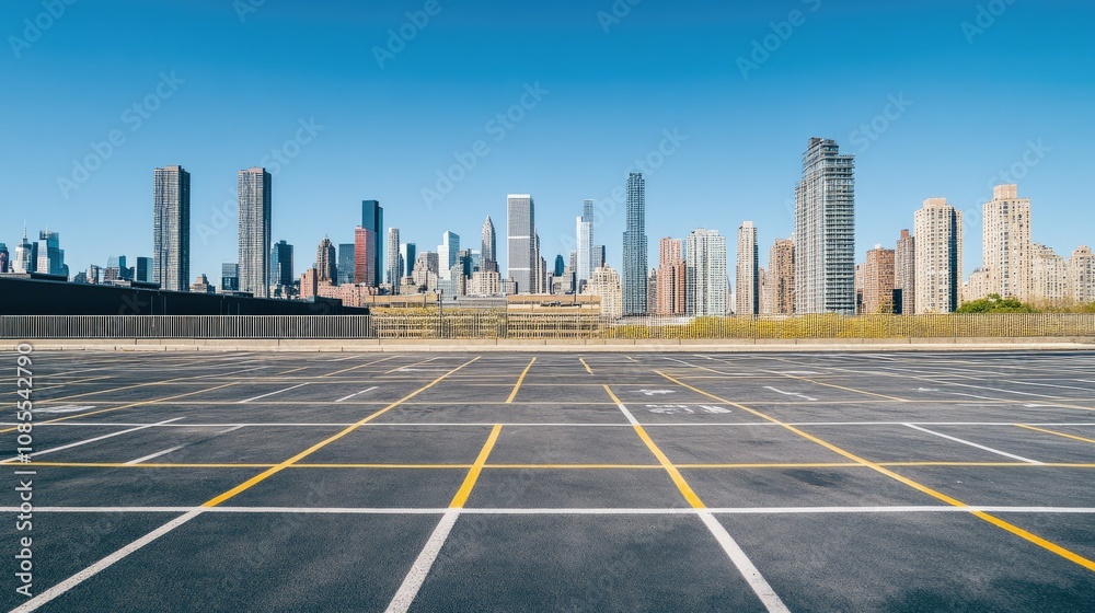 Fototapeta premium Empty, well-marked parking lot with a city skyline in the background, a blend of old and new architecture.
