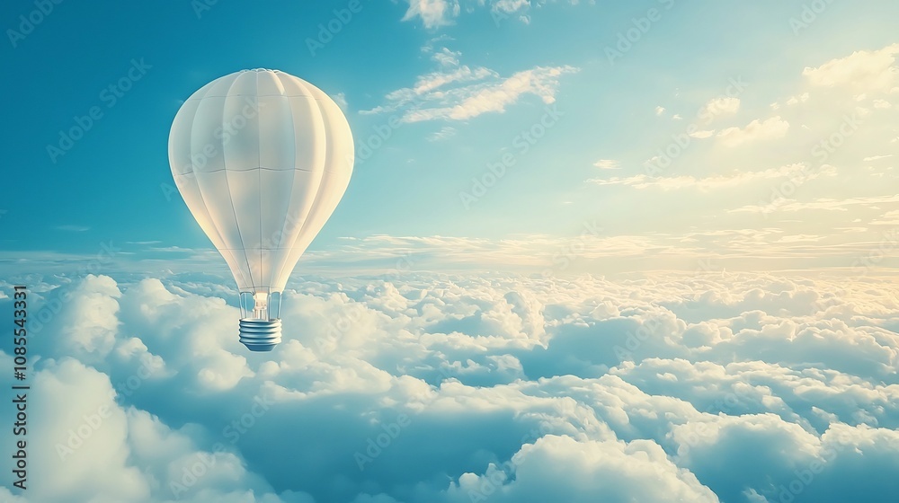 Fototapeta premium Lightbulb Shaped Hot Air Balloon Soaring Above Serene Clouds Symbolizing Inspiring Ideas Taking Flight