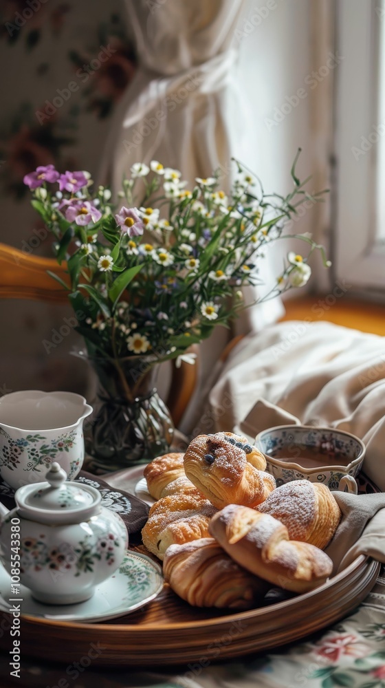 A cozy scene featuring a tray of pastries, a teapot, and fresh flowers, creating a warm and inviting atmosphere.