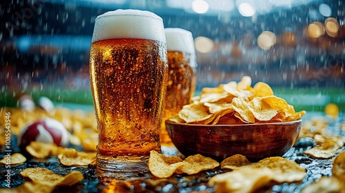 Refreshing beer glasses and crispy chips on rainy day at sports stadium photo