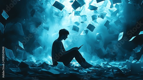 A lone figure sitting in darkness, surrounded by floating cyberbullying texts