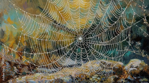 Watercolor Floral Arts, famous arts inspired. A beautifully crafted spider web adorned with dewdrops, set against a colorful, blurred background, showcasing nature's intricate design. photo