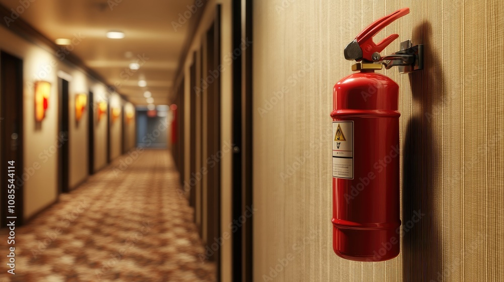 Fire extinguisher hanging in a hotel corridor on a beige wall, blending with modern decor while ensuring safety. Fire extinguisher hanging in a hotel corridor on a beige wall, blending with modern decor while ensuring safety.