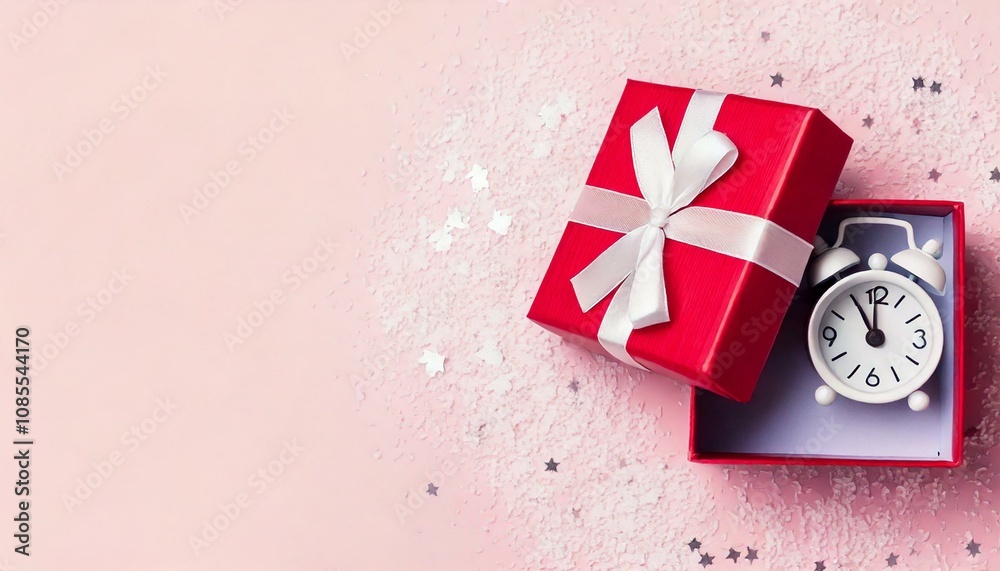 A top view of an open red gift box on a pink background, with an alarm clock inside, symbolizing the concept of time and a limited-time offer A top view of an open red gift box on a pink background, with an alarm clock inside, symbolizing the concept of time and a limited-time offer