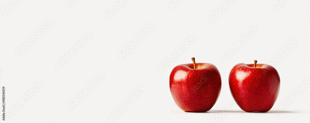 Obraz premium Two shiny red apples on a clean, white background, symbolizing freshness and health.