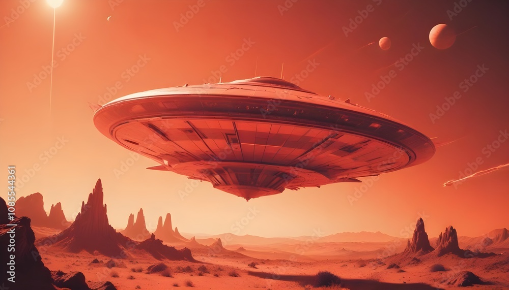 A mysterious futuristic spacecraft hovers above a distant alien planet its glowing energy core puls A mysterious futuristic spacecraft hovers above a distant alien planet its glowing energy core puls