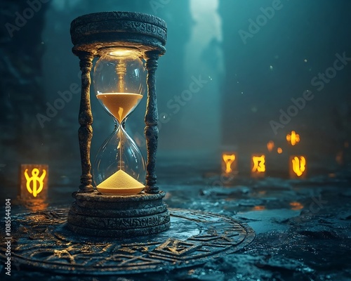 Mystical Hourglass Resting on Glowing Rune Inscribed Altar in Twilight photo