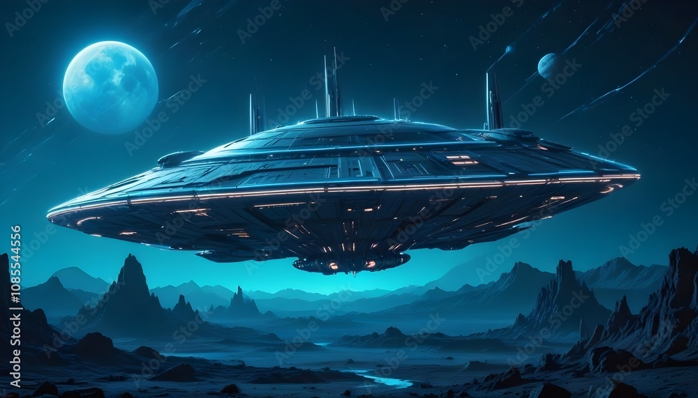 A mysterious futuristic spacecraft hovers above a distant alien planet its glowing energy core puls A mysterious futuristic spacecraft hovers above a distant alien planet its glowing energy core puls