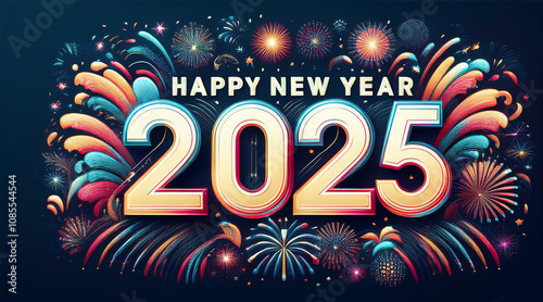 2025 Happy New Year Celebration with Colorful Fireworks and Golden 3D Text on a Festive Night Background.